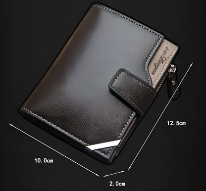 Premium British-made leather wallet in brown or black, featuring tri-fold design and multiple compartments for cards, cash and other essentials