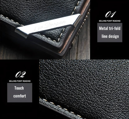 Premium British-made leather wallet in brown or black, featuring tri-fold design and multiple compartments for cards, cash and other essentials