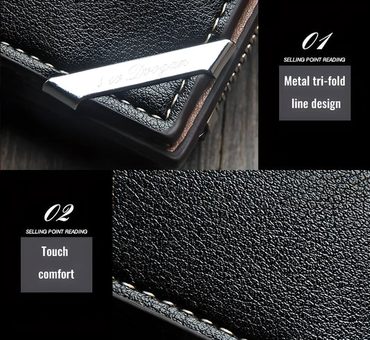Premium British-made leather wallet in brown or black, featuring tri-fold design and multiple compartments for cards, cash and other essentials