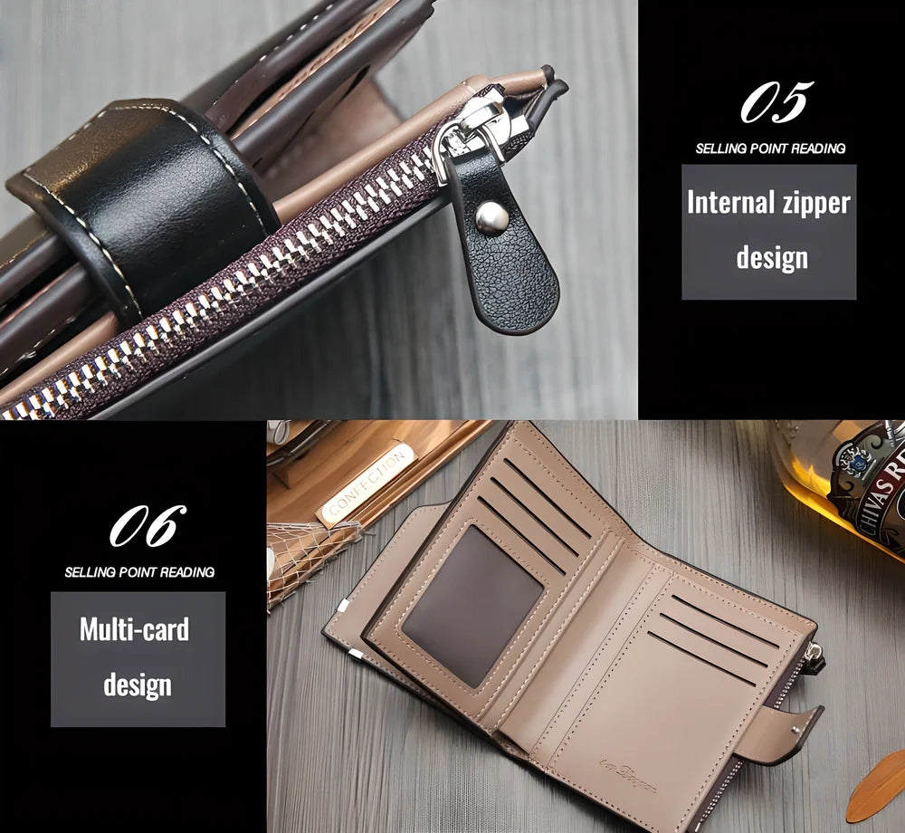 Premium British-made leather wallet in brown or black, featuring tri-fold design and multiple compartments for cards, cash and other essentials
