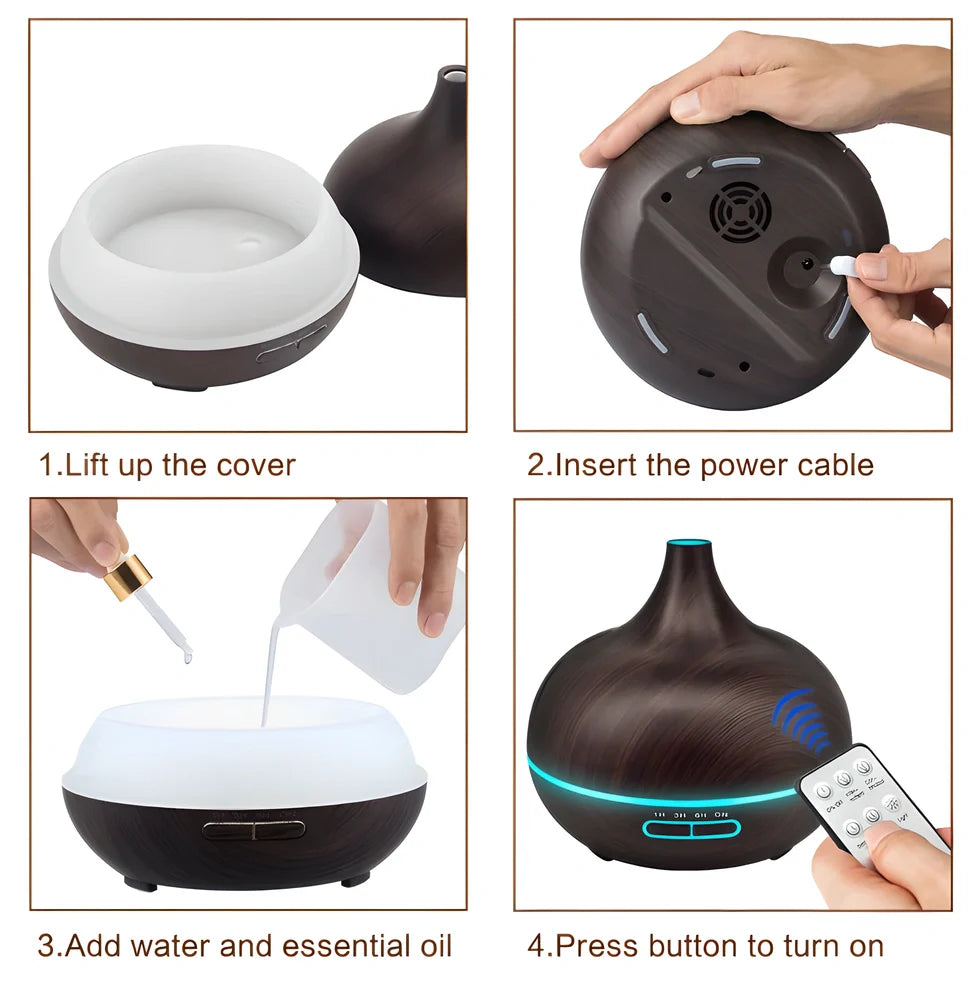 Elegant Ultrasonic Aroma Diffuser with Wood Grain Finish, Remote Control, and 7 Soothing Light Options