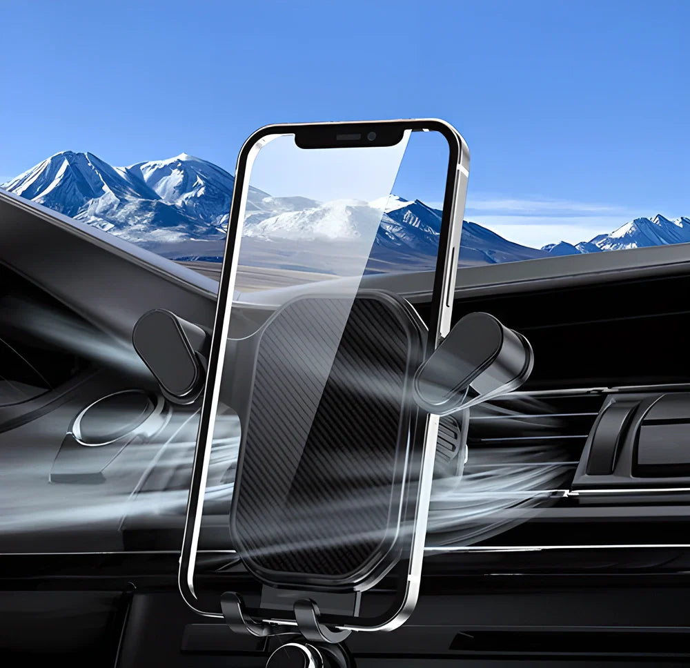 Gravity-powered car phone holder with adjustable viewing angle and secure grip
