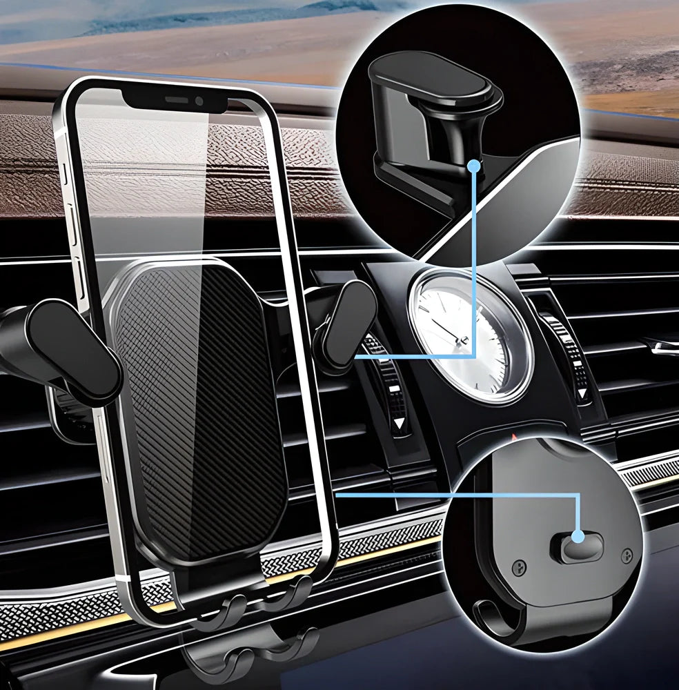 Gravity-powered car phone holder with adjustable viewing angle and secure grip