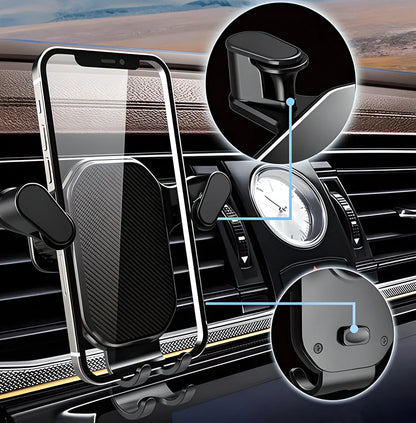 Gravity-powered car phone holder with adjustable viewing angle and secure grip