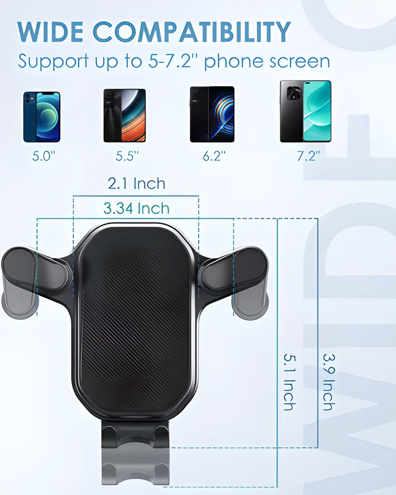 Gravity-powered car phone holder with adjustable viewing angle and secure grip