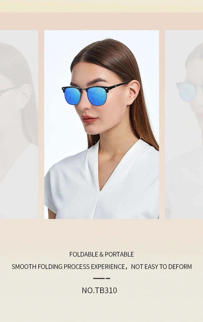 Foldable polarised sunglasses with acetate frames and Polaroid lenses, providing UV protection and glare reduction for driving and outdoor activities.