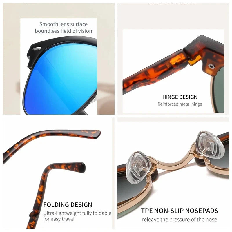 Foldable polarised sunglasses with acetate frames and Polaroid lenses, providing UV protection and glare reduction for driving and outdoor activities.