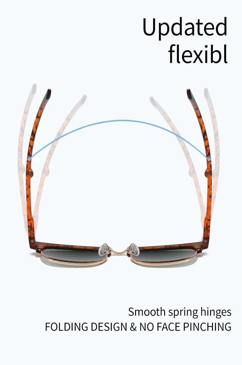 Foldable polarised sunglasses with acetate frames and Polaroid lenses, providing UV protection and glare reduction for driving and outdoor activities.