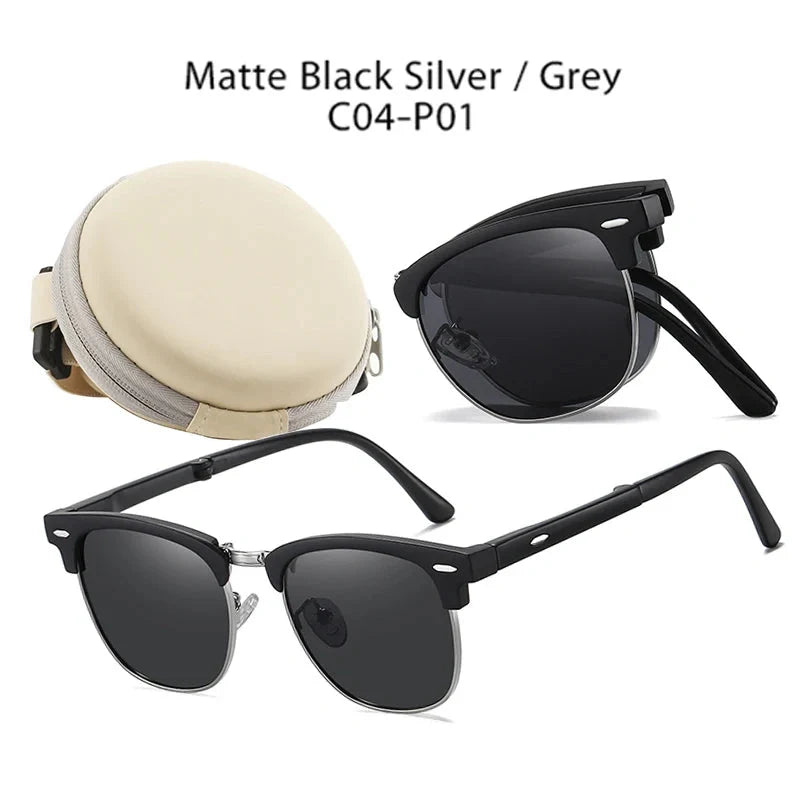 Foldable polarised sunglasses with acetate frames and Polaroid lenses, providing UV protection and glare reduction for driving and outdoor activities.
