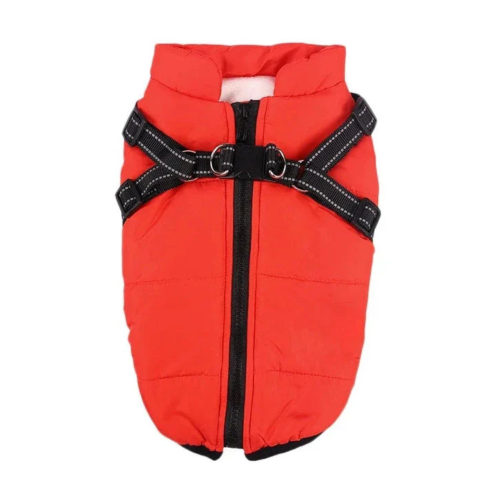 Stylish and practical waterproof dog coat with built-in harness in pink colour