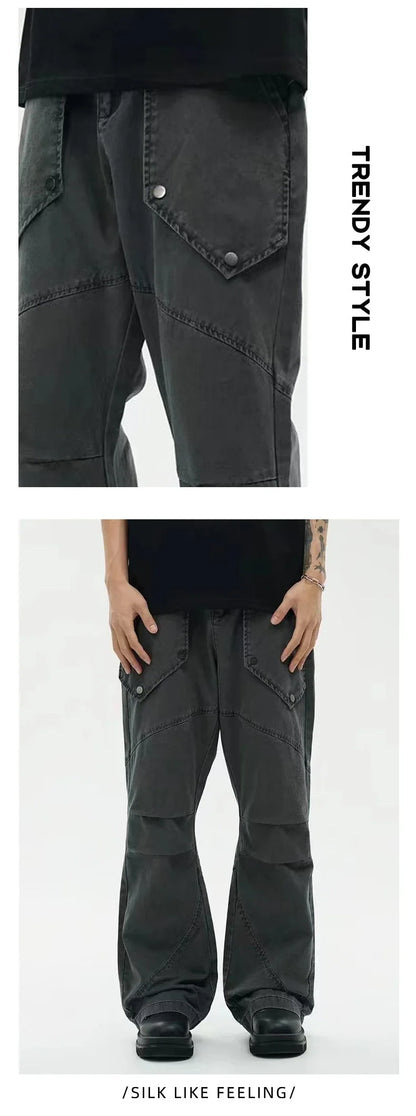 Black washed pleated trousers with oversized pockets and a micro-flared leg design for casual comfort and style