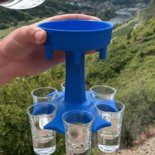 A stylish and practical shot dispenser and holder that can fill up to 6 shot glasses at once, preventing spills and waste for effortless party hosting.