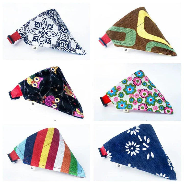Colourful triangular dog neckerchief in various sizes, made from breathable cotton material for comfortable wear