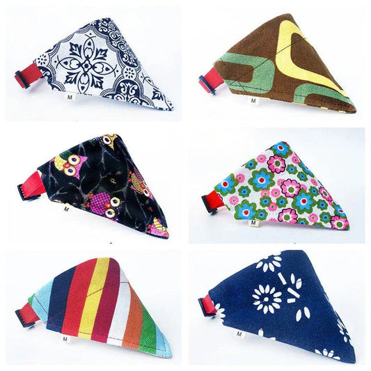 Colourful triangular dog neckerchief in various sizes, made from breathable cotton material for comfortable wear