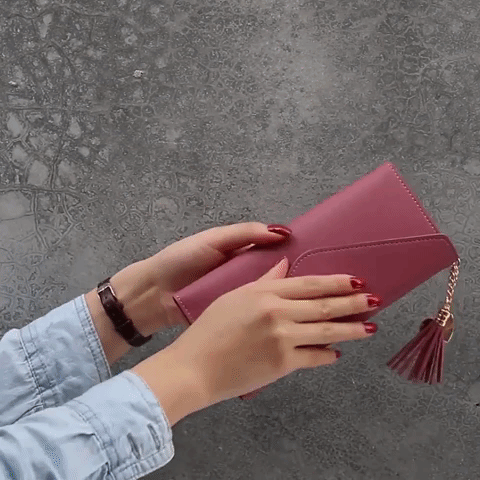 GEONYIEEK™ Women's Long Leather Wallet in various colours, featuring a sleek design, decorative tassel, and multiple storage compartments