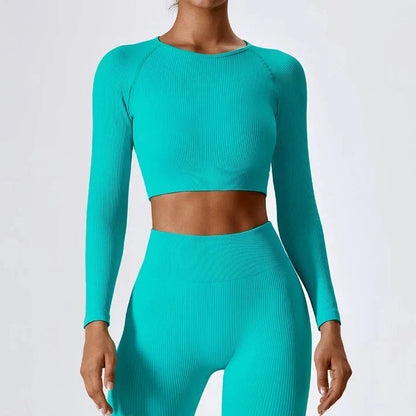 Premium ribbed long sleeve yoga crop top in Tiffany blue colour, featuring a stylish and form-fitting design for active women