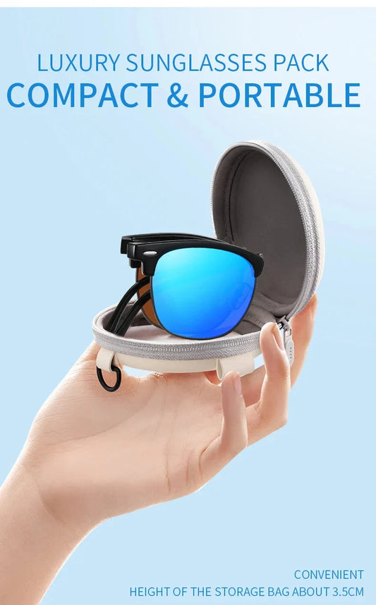 Foldable polarised sunglasses with acetate frames and Polaroid lenses, providing UV protection and glare reduction for driving and outdoor activities.