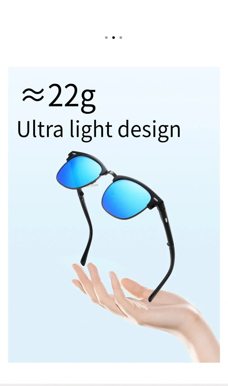 Foldable polarised sunglasses with acetate frames and Polaroid lenses, providing UV protection and glare reduction for driving and outdoor activities.