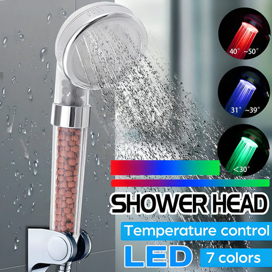 Luxurious mineral filtered LED temperature spa showerhead with antibacterial activated carbon ceramic filtration and colour-changing LED lights