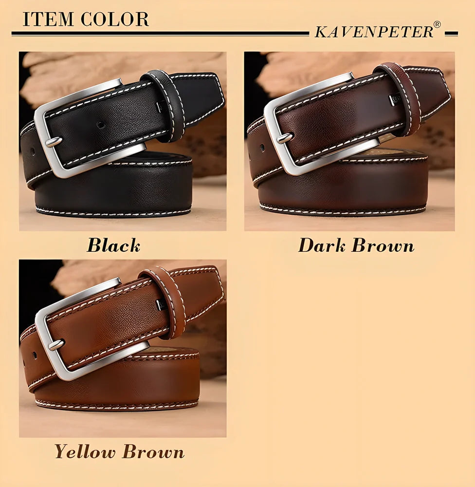 Kaven Peter Luxury Genuine Leather Belt for Men in Dark Brown, showcasing the premium leather strap and stylish double-colour design