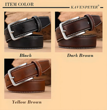 Kaven Peter Luxury Genuine Leather Belt for Men in Dark Brown, showcasing the premium leather strap and stylish double-colour design
