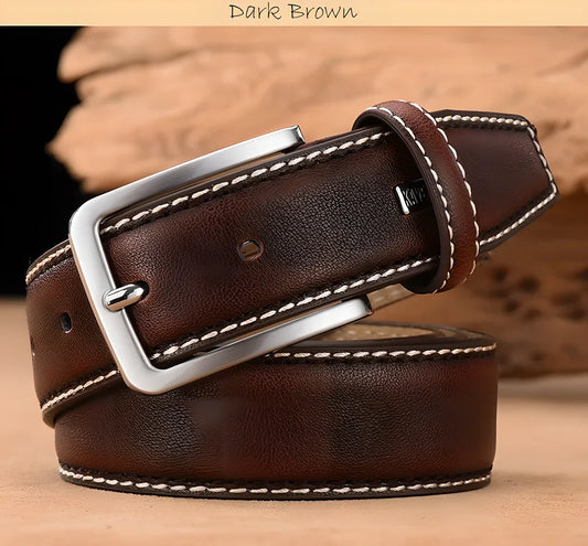 Kaven Peter Luxury Genuine Leather Belt for Men in Dark Brown, showcasing the premium leather strap and stylish double-colour design