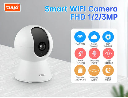 KERUI 1080P HD Wireless Indoor Smart Security Camera with 360-degree coverage, night vision, and intelligent motion detection