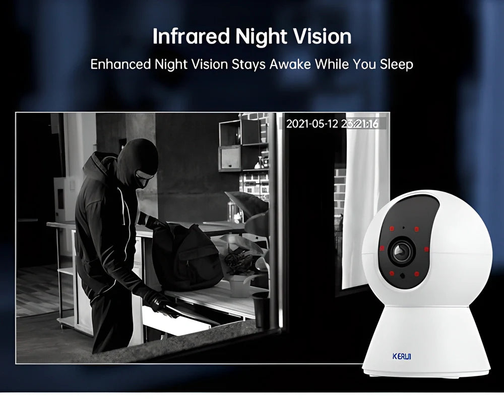 KERUI 1080P HD Wireless Indoor Smart Security Camera with 360-degree coverage, night vision, and intelligent motion detection