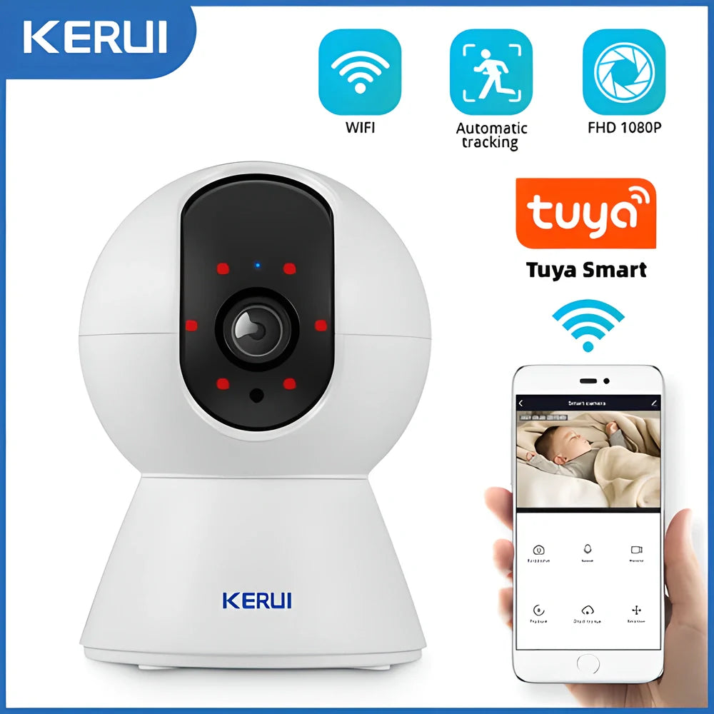 KERUI 1080P HD Wireless Indoor Smart Security Camera with 360-degree coverage, night vision, and intelligent motion detection