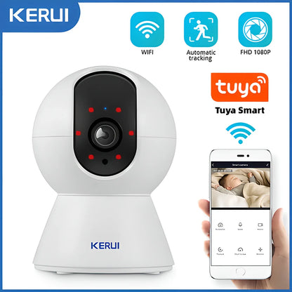 KERUI 1080P HD Wireless Indoor Smart Security Camera with 360-degree coverage, night vision, and intelligent motion detection