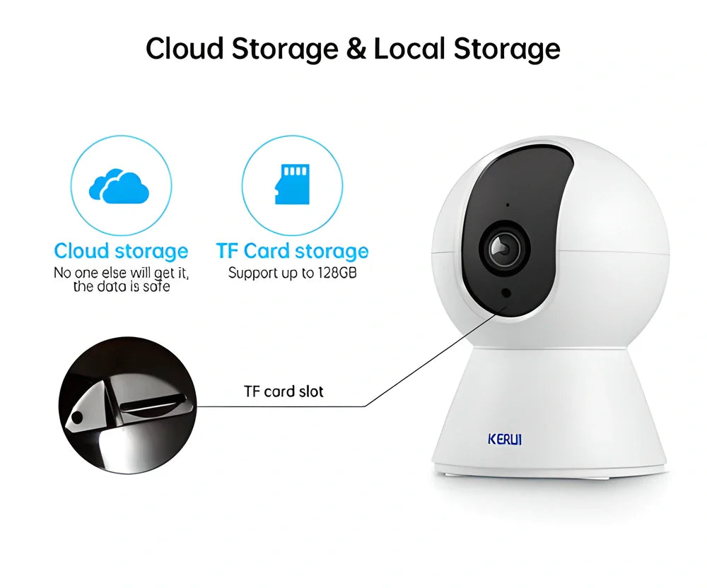 KERUI 1080P HD Wireless Indoor Smart Security Camera with 360-degree coverage, night vision, and intelligent motion detection