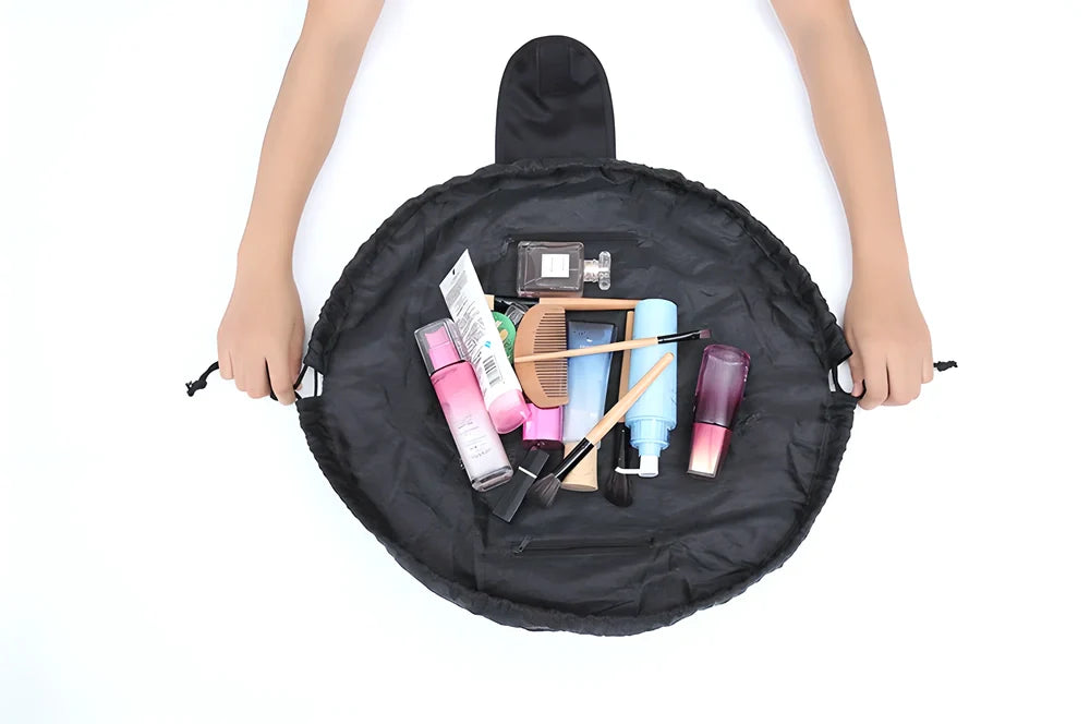 Premium cosmetic organiser pouch with cinch-close design and special edge to prevent items from rolling away