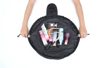 Premium cosmetic organiser pouch with cinch-close design and special edge to prevent items from rolling away