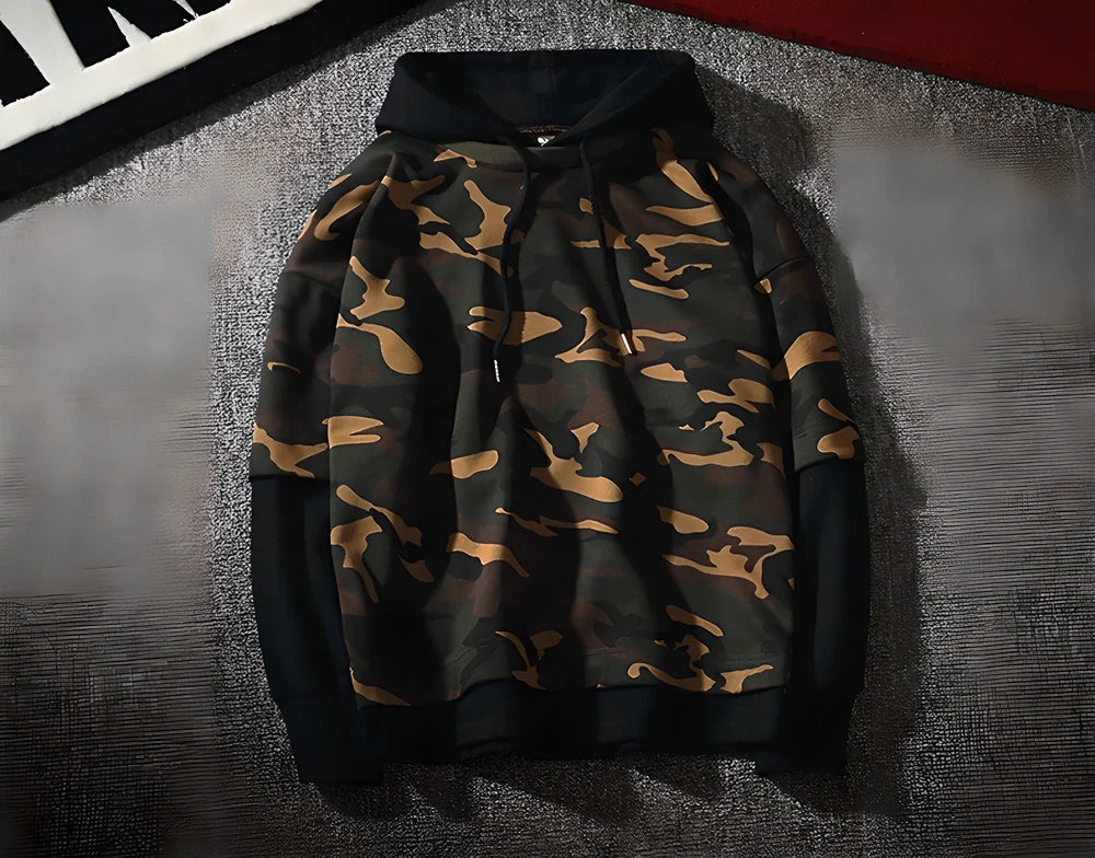 Men's Camouflage Military Hoodie in 3 versatile colour options - olive green, desert tan, and urban grey