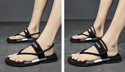 A pair of versatile 2-in-1 lightweight and durable sandals/flip-flops in black, army green, and dark blue colours