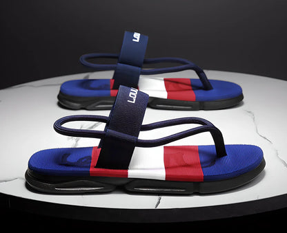 A pair of versatile 2-in-1 lightweight and durable sandals/flip-flops in black, army green, and dark blue colours