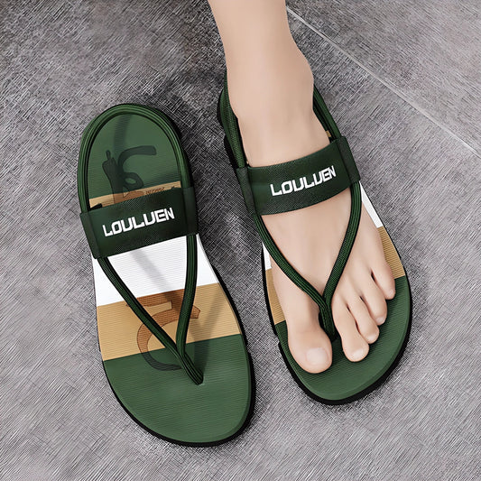 A pair of versatile 2-in-1 lightweight and durable sandals/flip-flops in black, army green, and dark blue colours