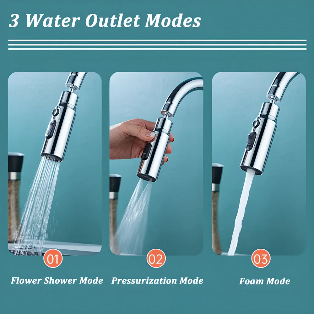 Premium 360° rotating faucet extender with 3 water-saving modes, made of durable ABS and brass for efficient, customised kitchen cleaning