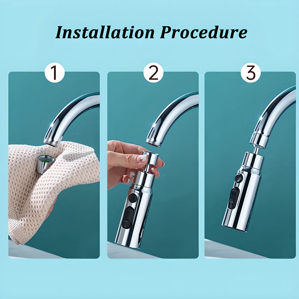 Premium 360° rotating faucet extender with 3 water-saving modes, made of durable ABS and brass for efficient, customised kitchen cleaning