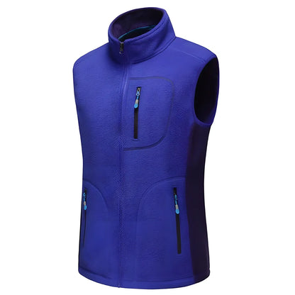 Outdoor Sleeveless Fleece Vest Jacket in blue, green, black, and red colours with size options from L to 4XL