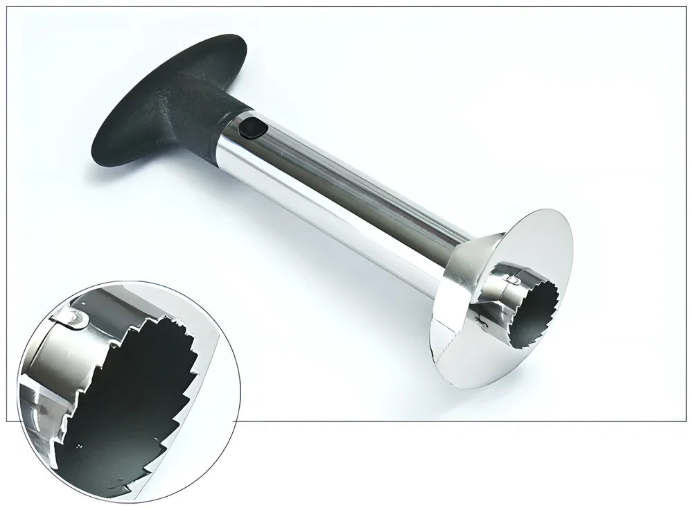 Premium stainless steel pineapple slicer with ergonomic grip and measurement markings for effortless coring and cutting