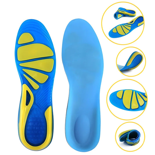 Premium silicon gel shock-absorbing orthotic insoles with full arch support and extra heel cushioning for running, sports, and everyday wear