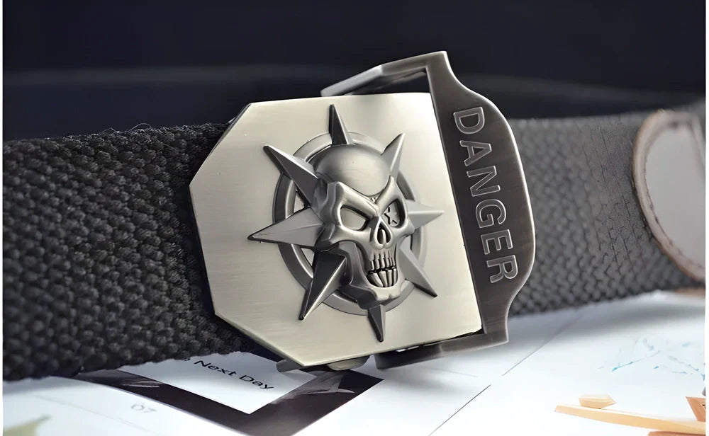 Tactical Buckle Belt with Skull Design - Durable alloy buckle and sturdy canvas construction for long-lasting wear