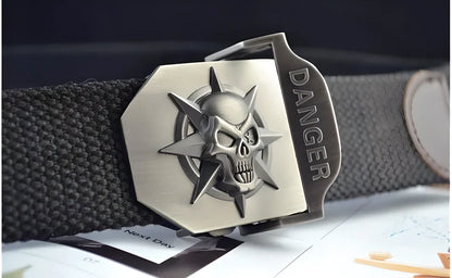 Tactical Buckle Belt with Skull Design - Durable alloy buckle and sturdy canvas construction for long-lasting wear