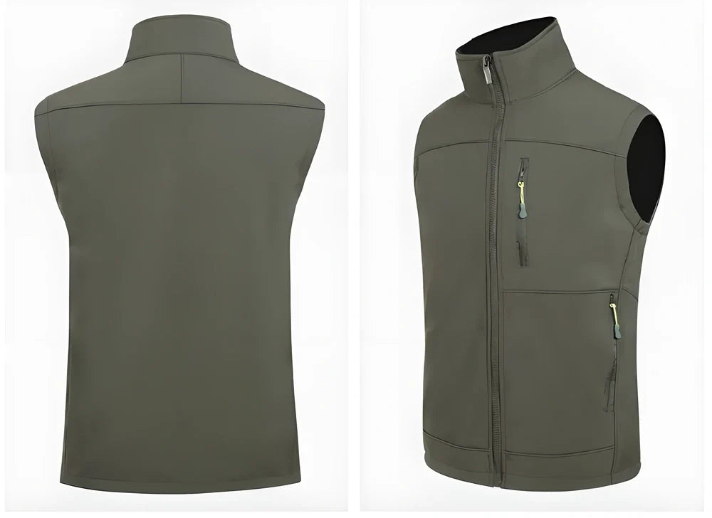 Premium outdoor softshell waterproof hiking vest in black, green, and red colours
