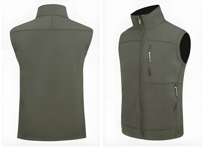 Premium outdoor softshell waterproof hiking vest in black, green, and red colours