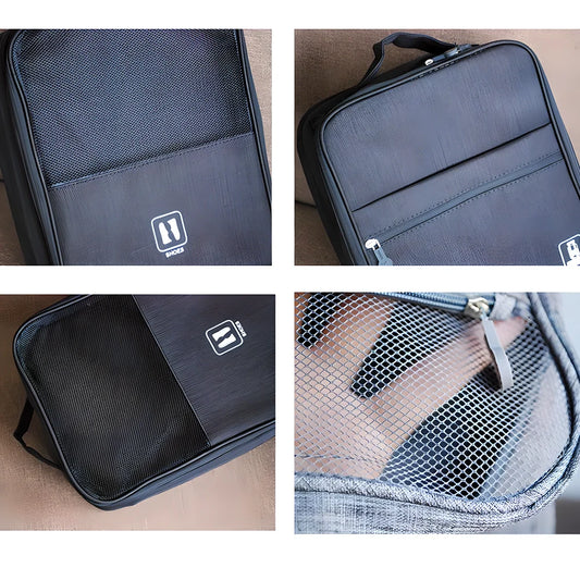TravelMate™ Compact Travel Shoe Bag made of water-resistant polyester with breathable mesh pocket and adjustable strap for attaching to luggage