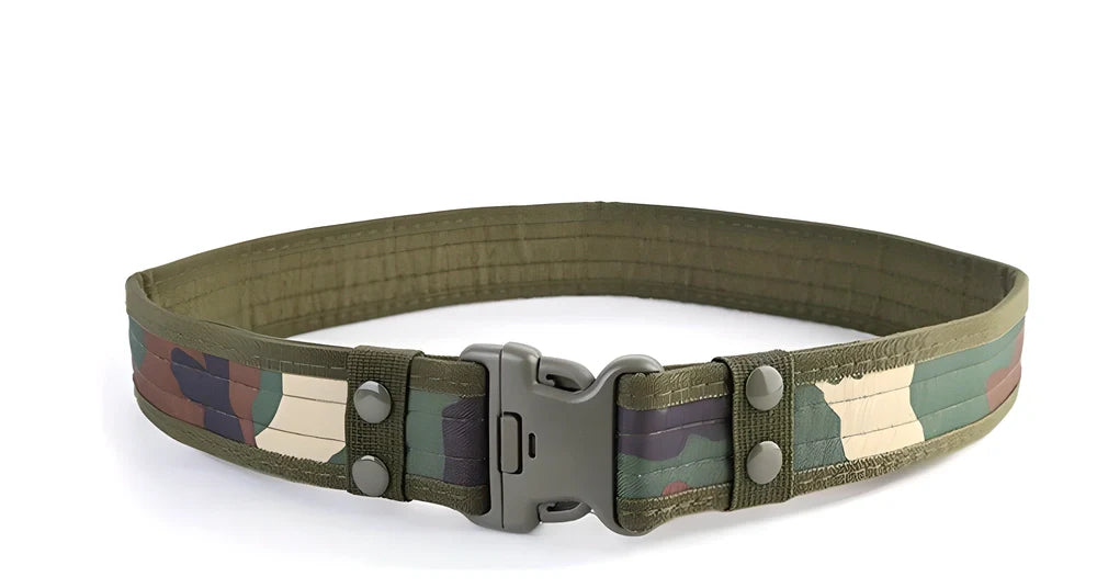 Tactical Heavy Duty Belt made from durable canvas material in woodland camouflage pattern