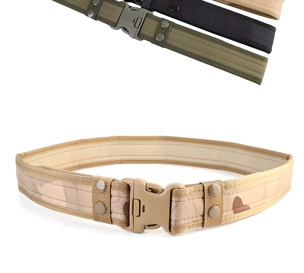 Tactical Heavy Duty Belt made from durable canvas material in woodland camouflage pattern