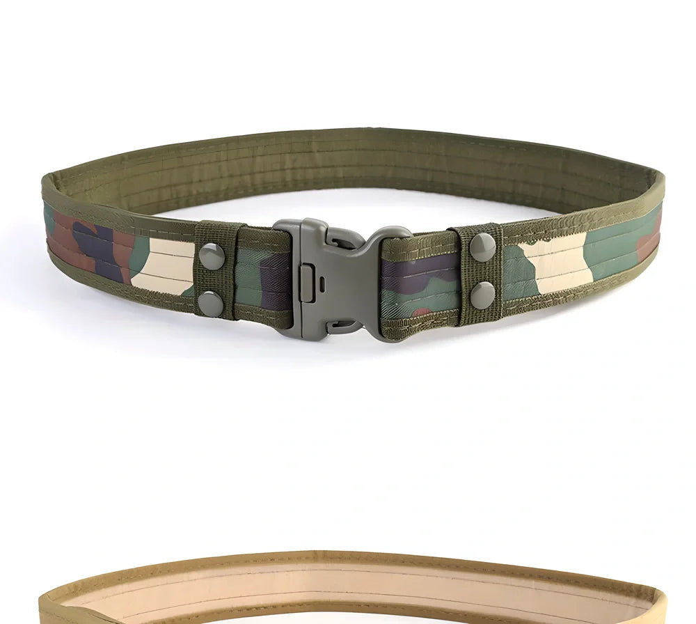 Tactical Heavy Duty Belt made from durable canvas material in woodland camouflage pattern